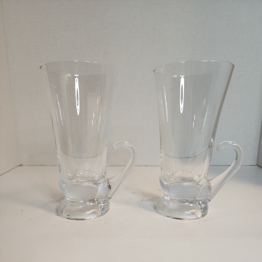 Vtg 2 Clear Glass Irish Coffee Handled Textured Flower Petal Bottom Cup Mug 8oz.